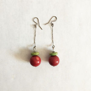red / green round stone artisan earrings